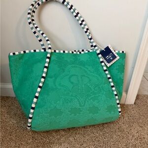 Roller Rabbit Teal Tote with Striped Rope Handles